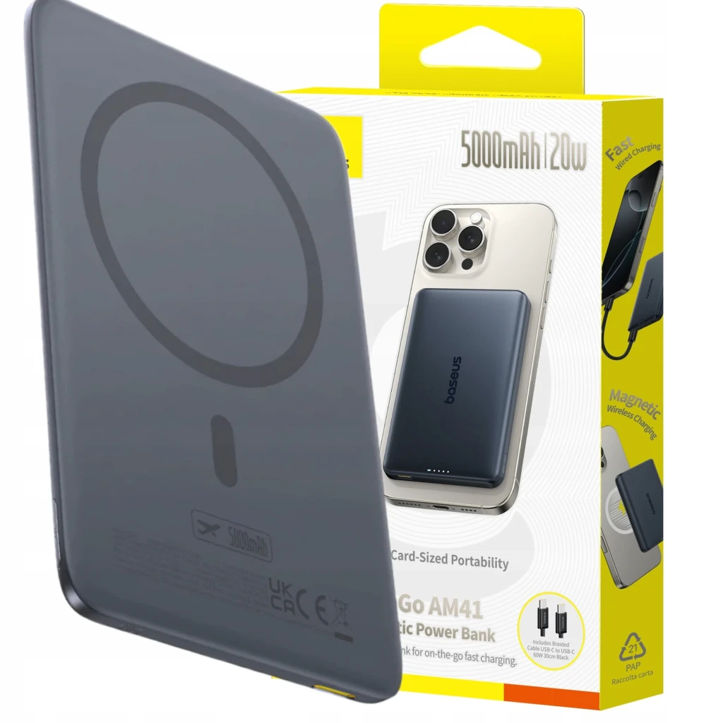 Power bank Baseus PicoGo AM41 negro, compacto tipo tarjeta, 5000 mAh, MagSafe circular, carga 15W inalámbrica y 20W USB-C, diseño portátil para iPhone