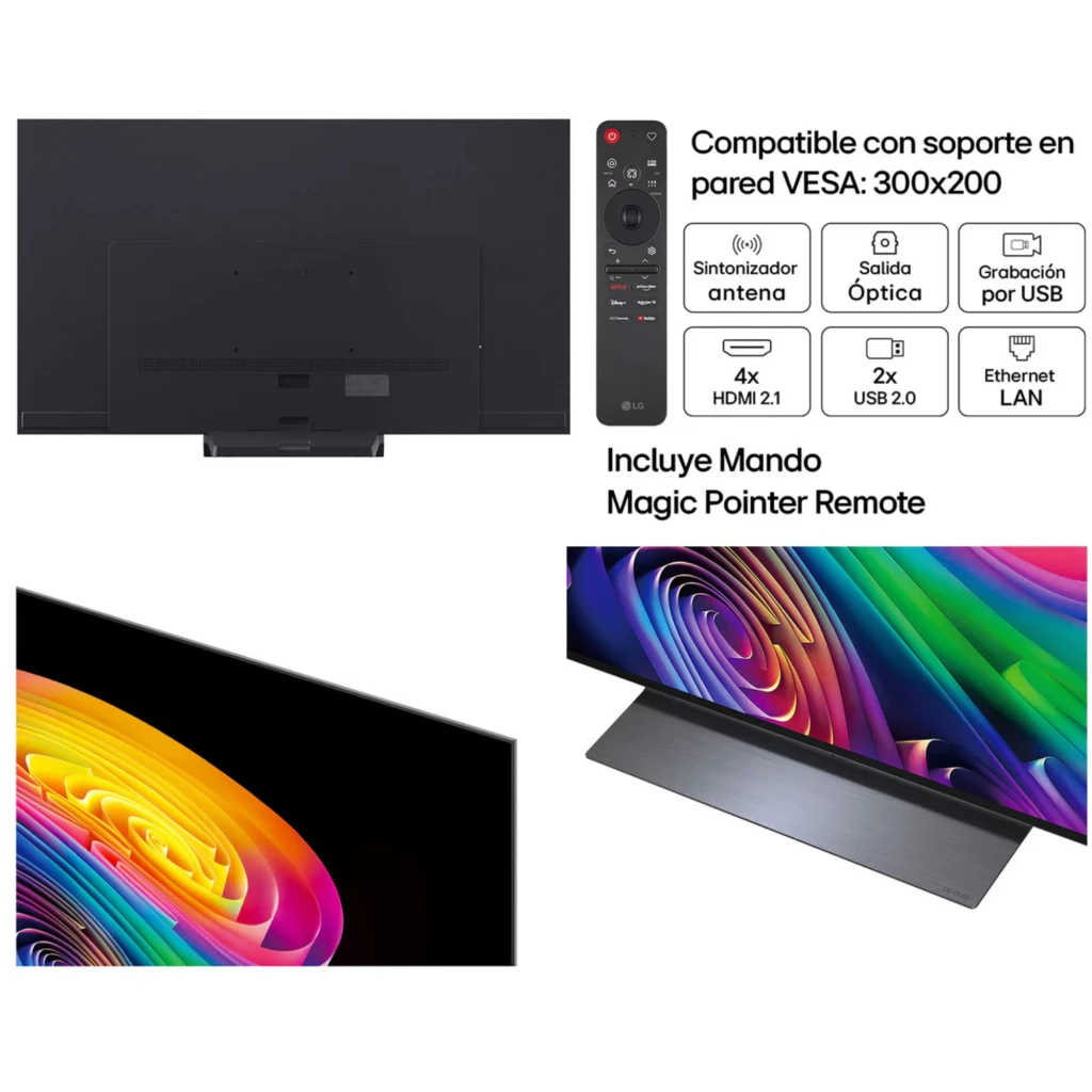 LG OLED48C66LB 48 pulgadas 4K OLED evo con peana metálica, biseles finos, 4 puertos HDMI 2.1, salida óptica, USB grabación, LAN y mando Magic Pointer