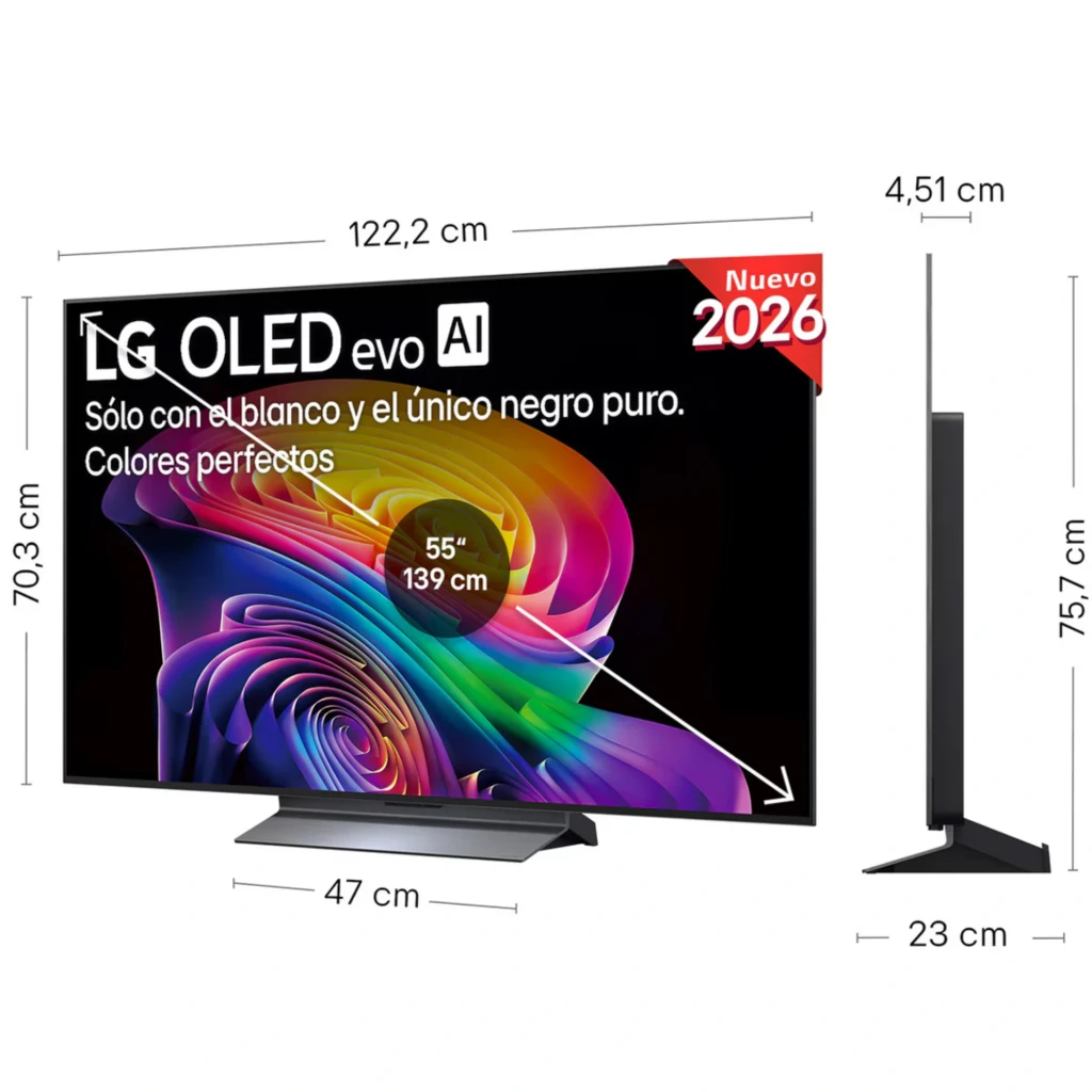 LG OLED55C66LB Smart TV OLED evo 55 pulgadas 4K con bisel delgado, peana central ancha y perfil ultrafino. Pantalla con colores vivos y negros puros.