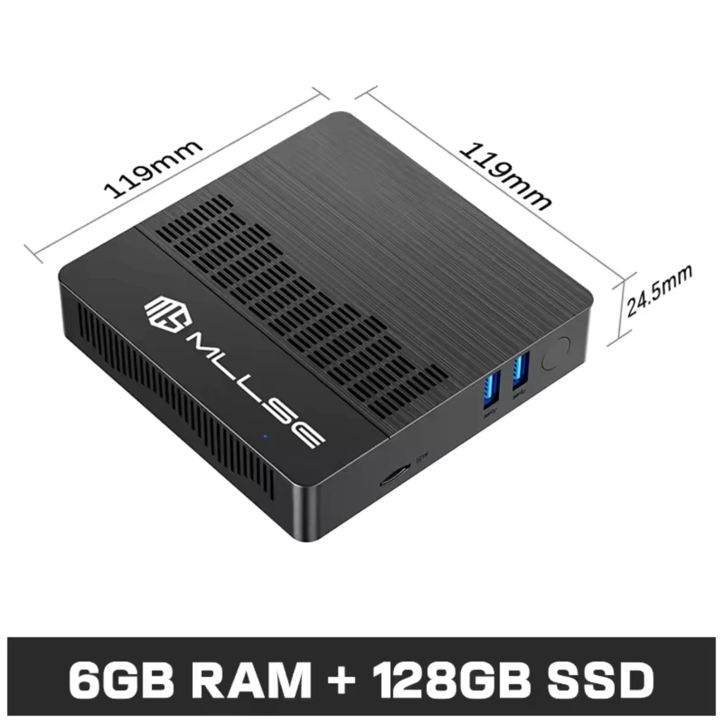MLLSE M2 Air Mini PC negro compacto 119x119x24.5 mm con carcasa ventilada, puertos frontales USB 3.0 y microSD, 6 GB RAM y SSD 128 GB con Windows 11