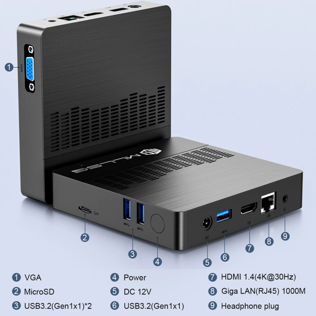 MLLSE M2 Air Mini PC Negro con carcasa metálica, ranuras de ventilación y puertos VGA, HDMI 4K, USB 3.2, microSD, LAN RJ45, audio y alimentación DC