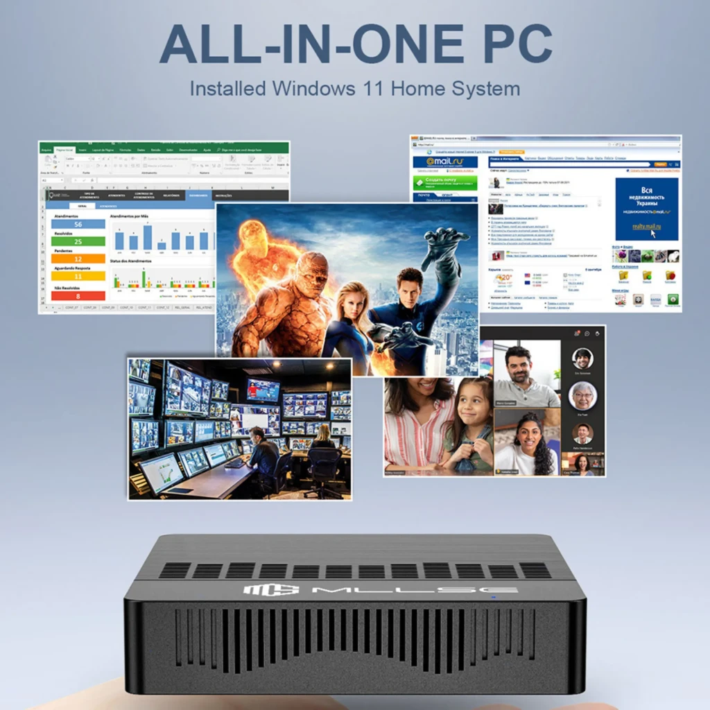 Mini PC negro compacto MLLSE M2 Air con ranuras de ventilación frontales, logo MLLSE y puertos traseros; se muestra ejecutando Windows 11 con múltiples