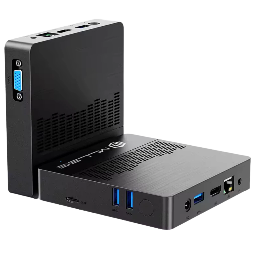 MLLSE M2 Air Mini PC noir compact en aluminium brossé avec ports USB 3.0, HDMI, VGA, Ethernet et audio, voyants bleus, support vertical ventilé