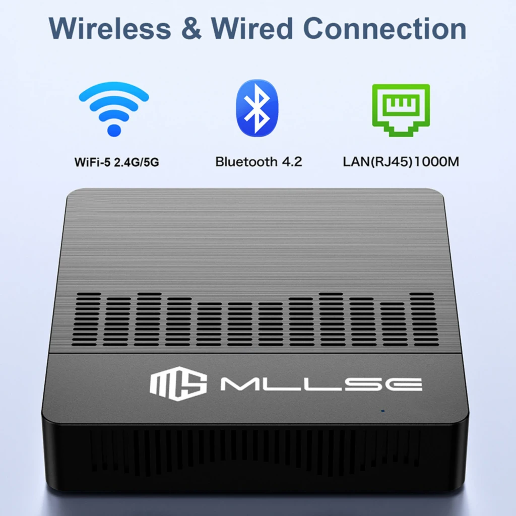 MLLSE M2 Air Mini PC Intel N4000 negro, chasis compacto con rejillas superiores, logo MLLSE frontal, conectividad WiFi 2.4G5G, Bluetooth 4.2 y LAN RJ45 1000M