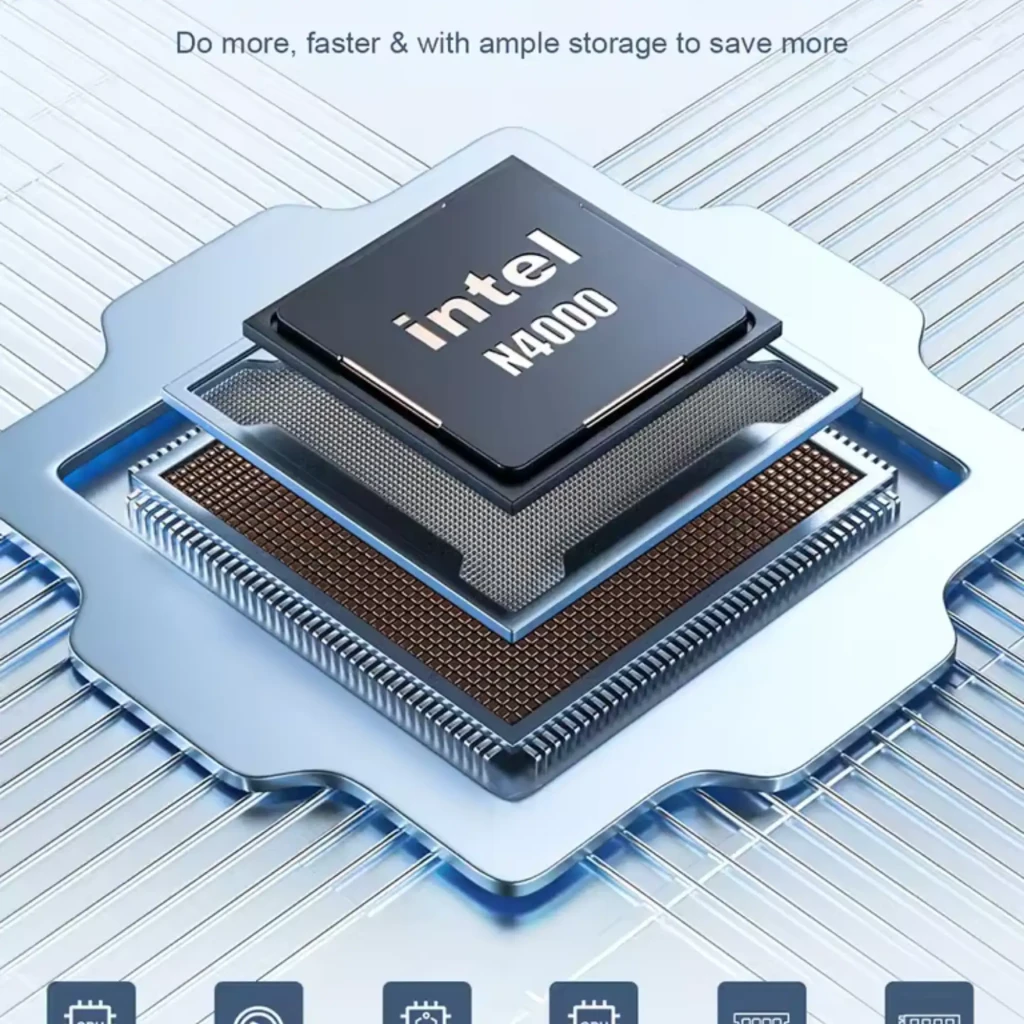 Chip Intel N4000 destacado sobre placa y disipador metálico, estética plateada y azul, simboliza rendimiento rápido y eficiencia en Mini PC compacto