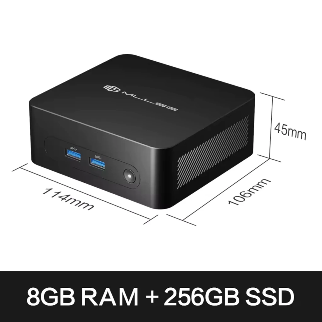 Mini PC MLLSE M2 Plus negro compacto 114x106x45 mm, carcasa mate con rejillas laterales, 2 puertos USB frontales azules y botón de encendido iluminado