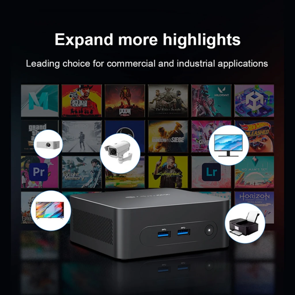 MLLSE M2 Plus Mini PC con carcasa negra compacta, dos puertos USB 3.0 frontales, botón de encendido y ventilación lateral; ideal para oficina y multimedia