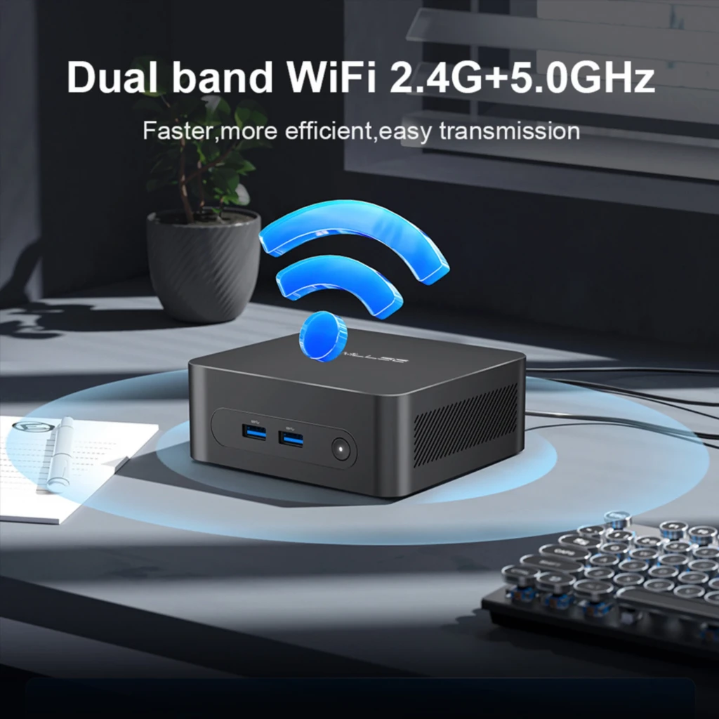 MLLSE M2 Plus Mini PC compacto en negro con puertos frontales USB 3.0, ventilación lateral y WiFi de doble banda 2.4G y 5G, ideal para escritorio moderno