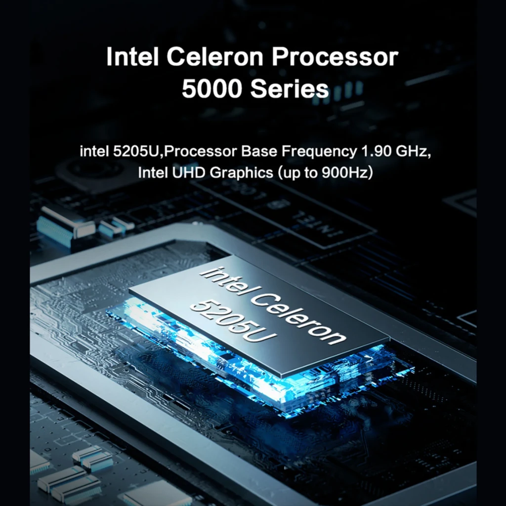 MLLSE M2 Plus Mini PC Intel Celeron 5205U con chip resaltado en placa, iluminación azul, destaca 1.90 GHz y gráficos Intel UHD hasta 900 Hz