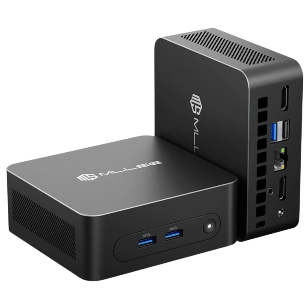 MLLSE M2 Plus Mini PC compact noir, boîtier métal, ports USB 3.0, HDMI, Ethernet, audio et lecteur SD, bouton avant, ventilation latérale, Windows 11