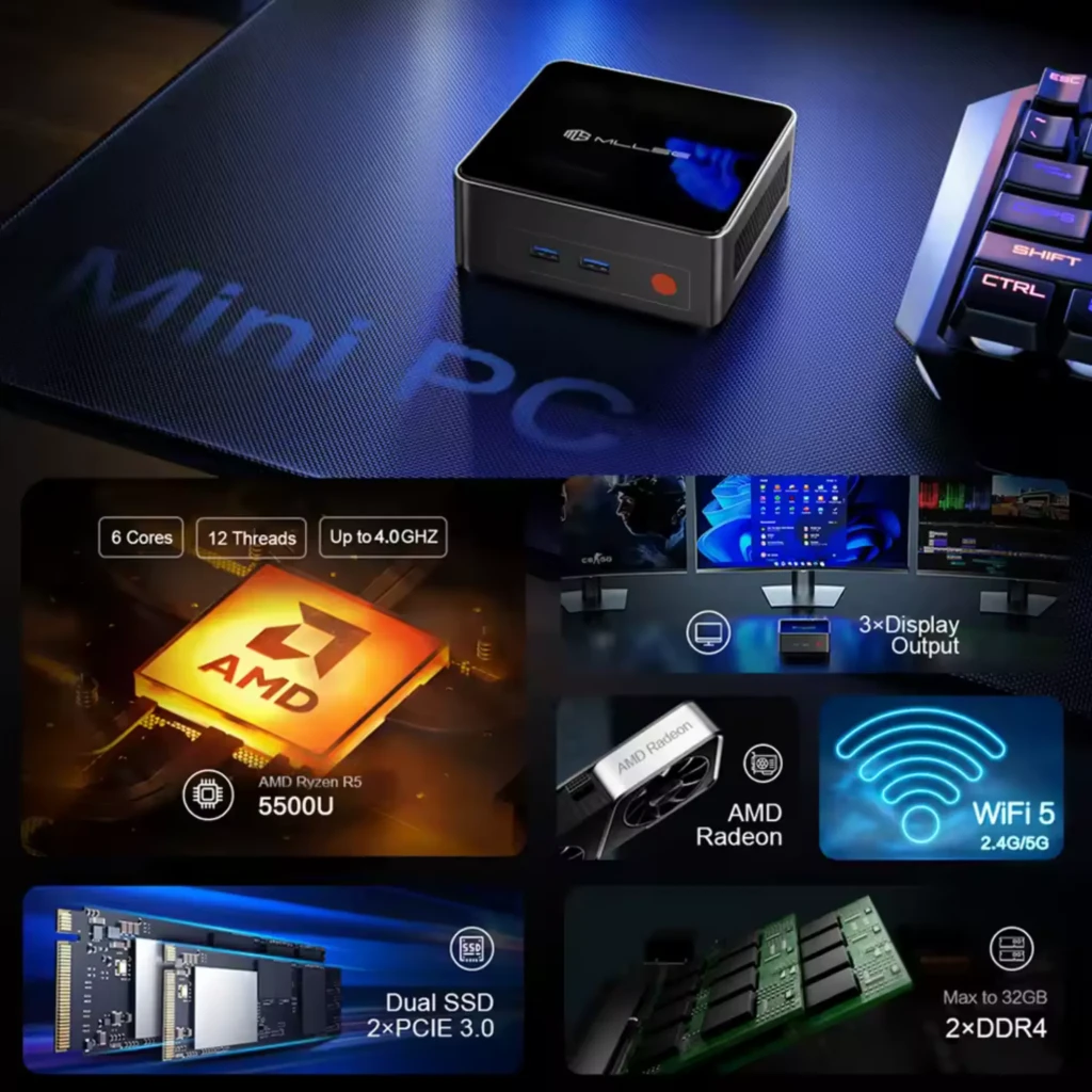 Mini PC compacto MLLSE G1 con Ryzen 5 5500U, chasis negro brillante, puertos frontales USB y audio, botón de encendido naranja, WiFi 5 y soporte triple