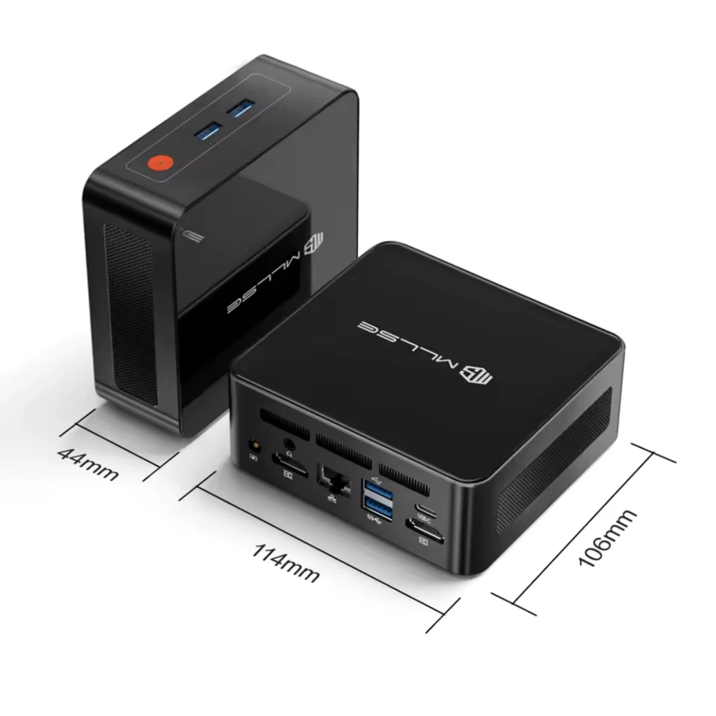 Mini PC MLLSE G1 compacto en negro con ventilación lateral, USB frontales, puertos HDMI, USB 3.0, LAN y audio traseros; medidas 114 x 106 x 44 mm