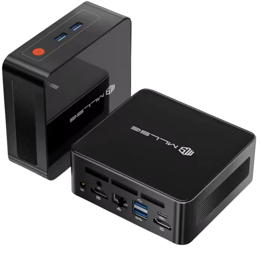 Mini PC compact noir MLLSE G1 avec ports USB 3.0, HDMI, Ethernet et USB-C, surface brillante, logo MLLSE, grilles latérales de ventilation