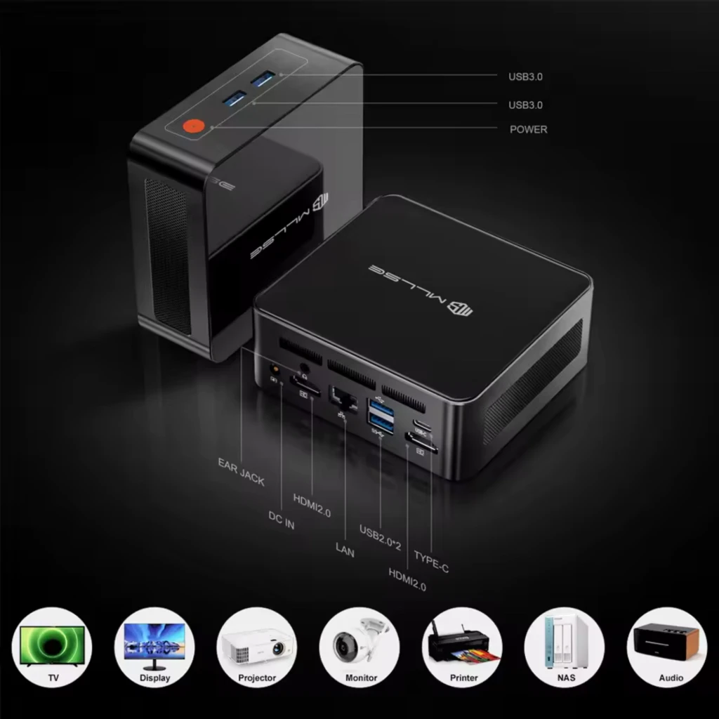MLLSE G1 Pro Mini PC compacto en negro con Ryzen 7 5700U, puertos frontales USB 3.0 y power, laterales HDMI, USB 2.0, LAN, Type C, jack y ventilación superior