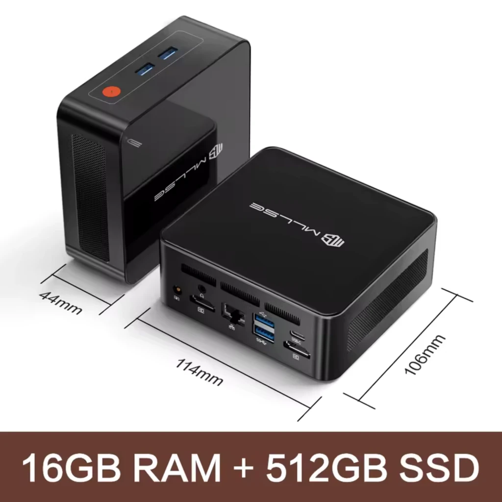 MLLSE G1 Pro Mini PC compacto negro con puertos frontales USB y botón naranja, laterales con rejillas, puertos traseros HDMI, USB, Ethernet y lector SD;