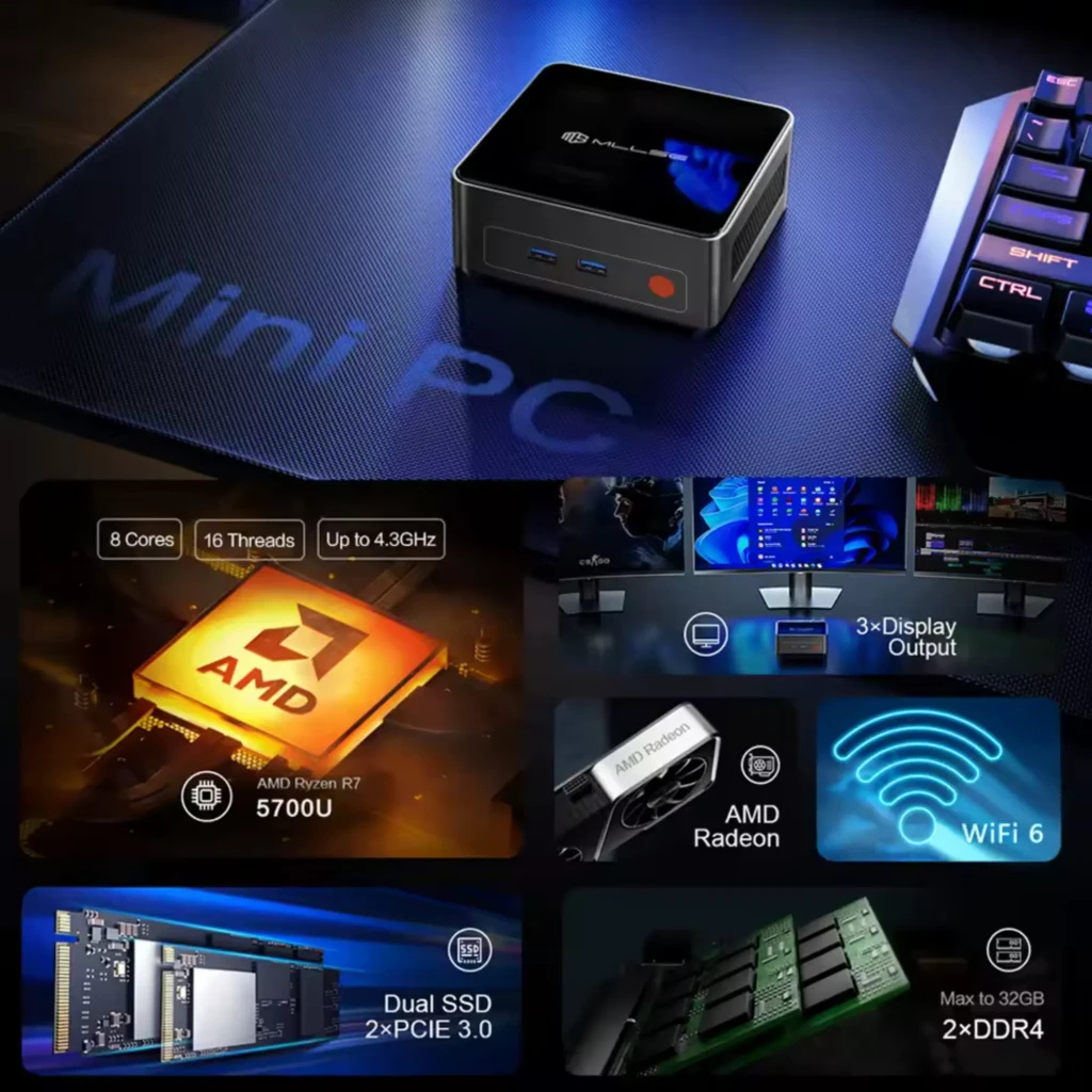 MLLSE G1 Pro Mini PC compacto con Ryzen 7 5700U, 16 GB DDR4, SSD NVMe 512 GB, Windows 11 Pro, triple salida de pantalla, WiFi 6 y GPU AMD Radeon