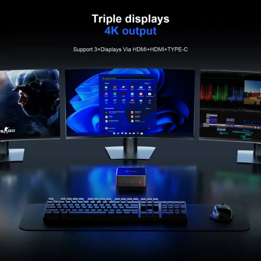 Mini PC MLLSE G1 Pro compacto con Ryzen 7 5700U, 16 GB DDR4 y 512 GB NVMe; chasis negro con LED frontal y puertos frontales; salida 4K triple pantalla