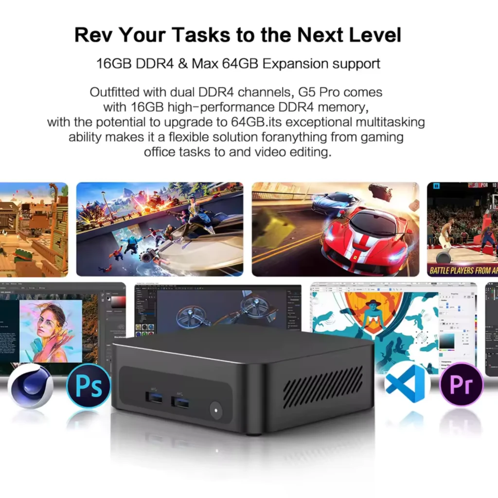 Mini PC MLLSE G5 Pro compacto en negro con rejillas laterales, dos USB frontales y botón de encendido; muestra uso en juegos, edición y multitarea
