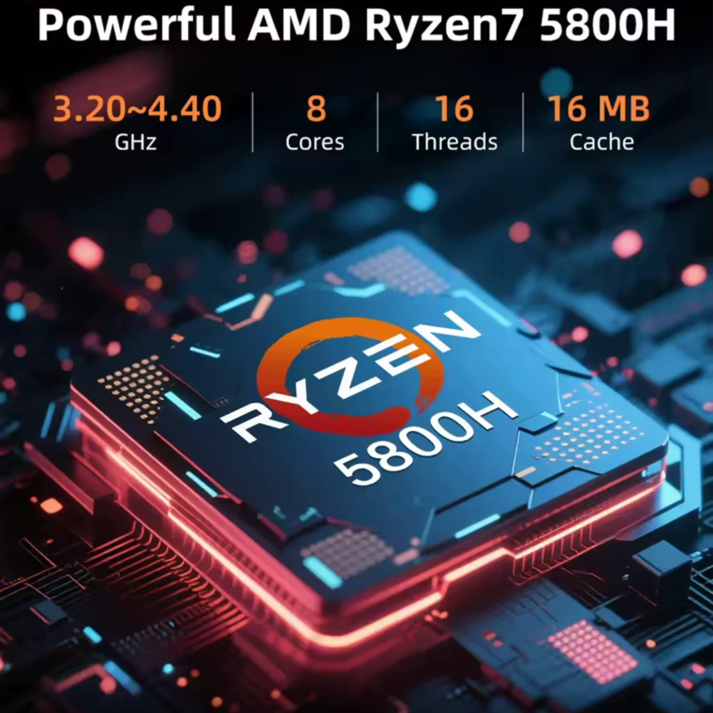 Chip AMD Ryzen 7 5800H destacado sobre placa base, texto indica 3.20–4.40 GHz, 8 núcleos, 16 hilos y 16 MB de caché, estilo tecnológico brillante