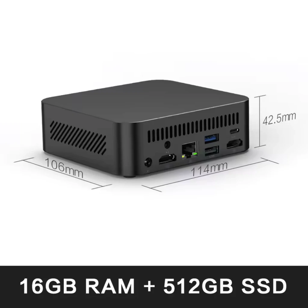 MLLSE G5 Pro Mini PC Ryzen 7 5800H compacto, chasis negro con rejillas laterales, puertos HDMI, USB, RJ45 y audio; 106 x 114 x 42.5 mm; 16 GB DDR4 y 512 GB SSD