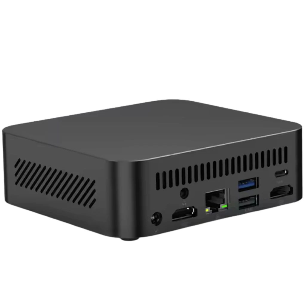 Mini PC compact noir avec évents latéraux, ports arrière HDMI, Ethernet, USB 3.0 et USB-C, format carré discret pour bureau ou salon