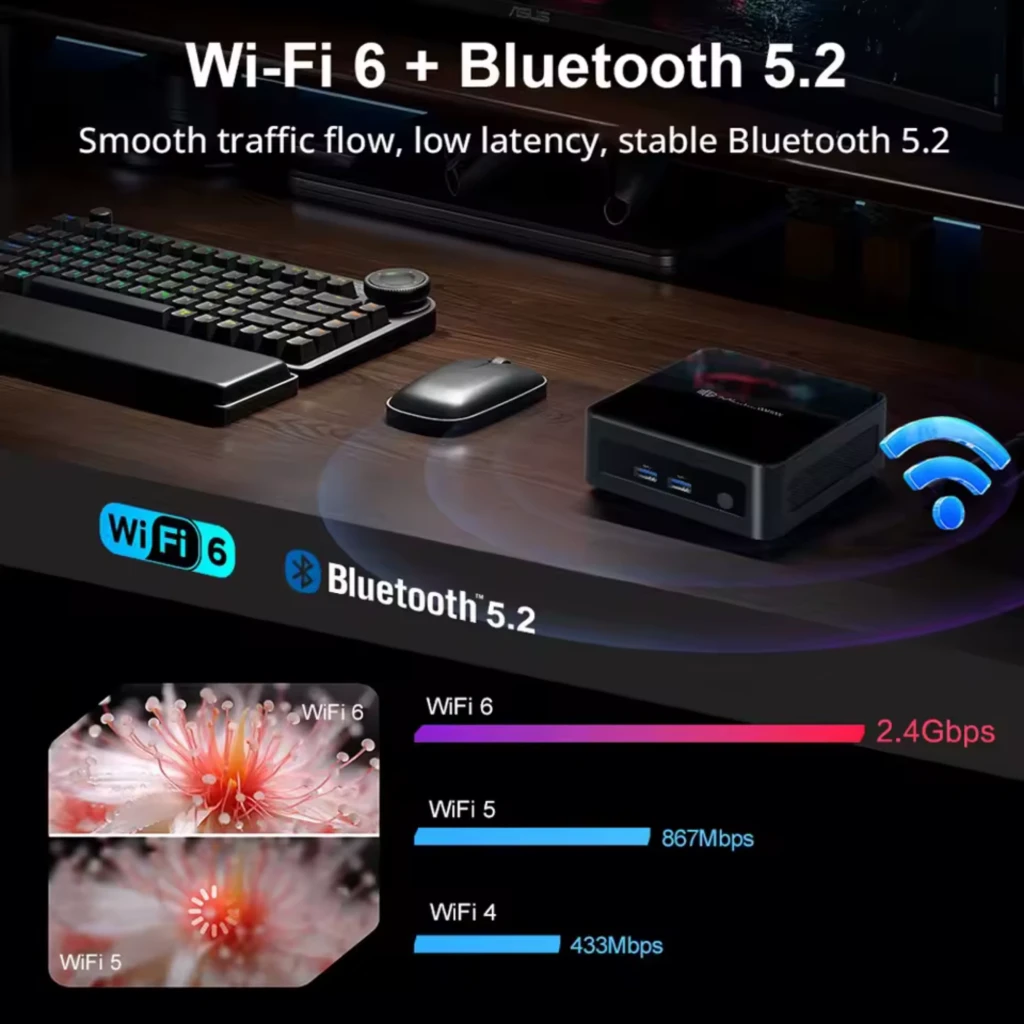 MLLSE M6 Mini PC compacto con Intel Core i5-12450H, puertos frontales USB y audio, chasis negro, Wi‑Fi 6 y Bluetooth 5.2 destacadas en pantalla
