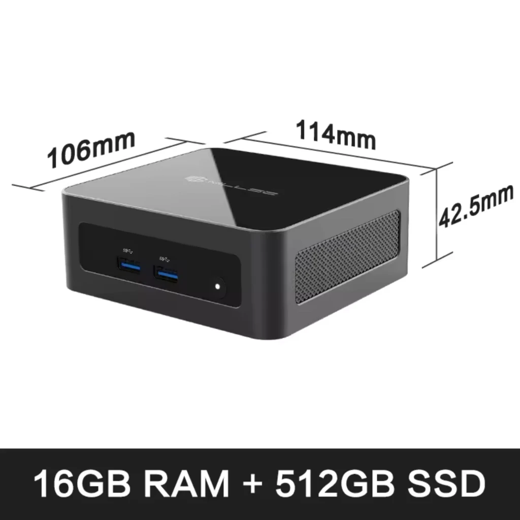 MLLSE M6 Mini PC compacto negro con ventilación lateral, puertos frontales USB 3.0 y audio; medidas 114×106×42.5 mm; 16 GB RAM y SSD 512 GB