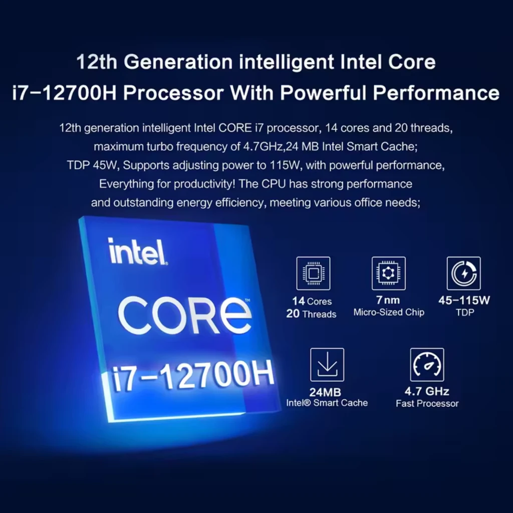 MLLSE M7 Mini PC con Intel Core i7 12700H, 14 núcleos y 20 hilos, 4.7 GHz, 24 MB caché, TDP 45–115 W, destaca logotipo intel core y ficha técnica