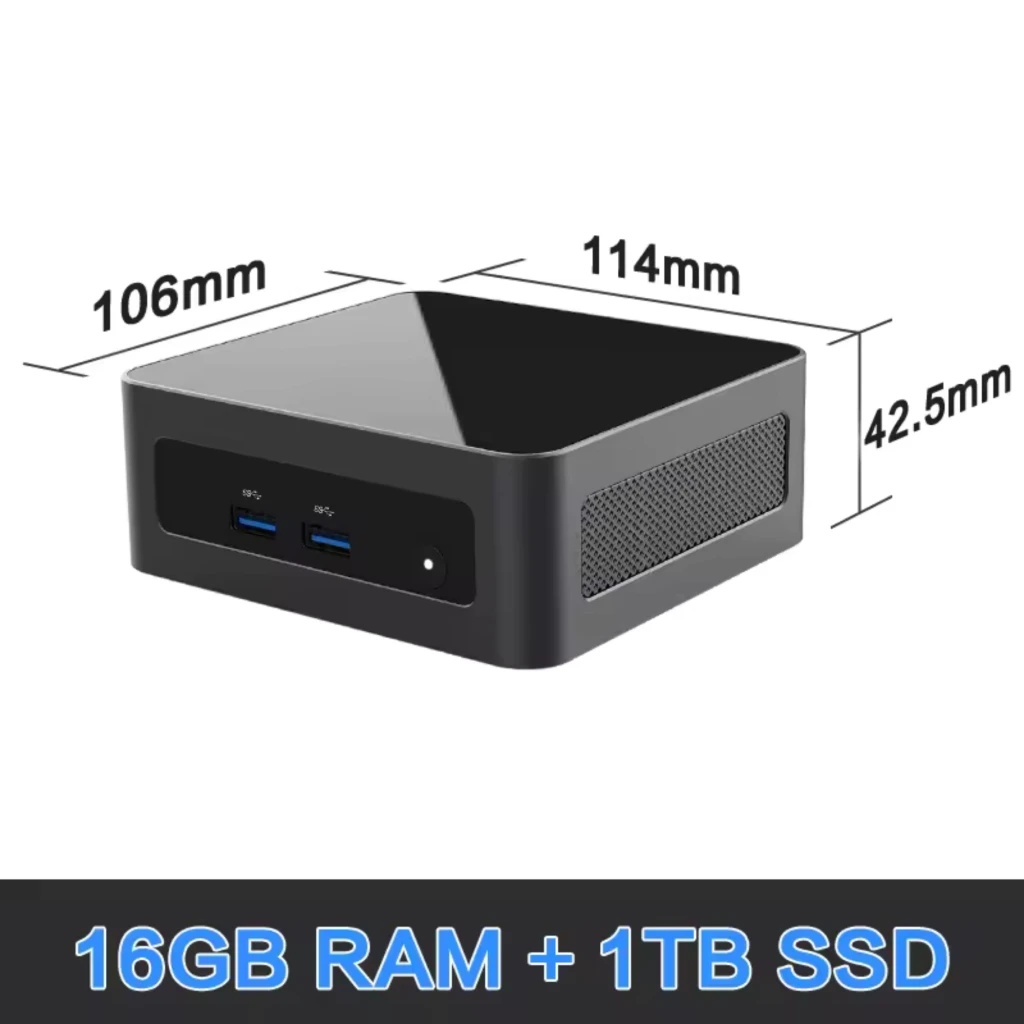 Mini PC MLLSE M8 compacto negro con ventilación lateral, puertos frontales USB 3.0 y jack, medidas 114x106x42.5 mm, texto 16GB RAM + 1TB SSD en la base