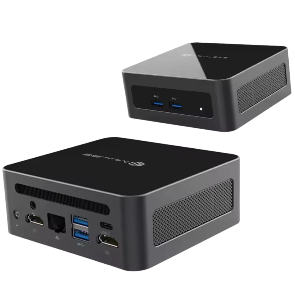 MLLSE M8 Mini PC compact gris, boîtier carré avec logo, ports USB 3.0 et audio en façade, arrière avec HDMI, USB, Ethernet, ventilation latérale élégante