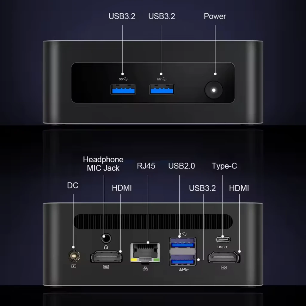 MLLSE M8 Mini PC compacto en negro con frontal USB 3.2 dual y botón de encendido; trasera con HDMI dual, USB 3.2, USB 2.0, Type-C, RJ45, jack y puerto DC