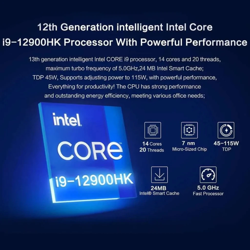Gráfico promocional del Intel Core i9-12900HK: destaca 14 núcleos, 20 hilos, 5.0 GHz, 24 MB caché, chip de 7 nm, TDP 45–115 W y eficiencia energética.