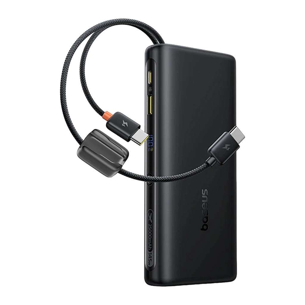 Power Bank Baseus EnerFill FC41 25000mAh 145W en negro mate con pantalla LED, puertos USB A y USB C, bordes curvos y cable trenzado USB C a USB C con adaptador
