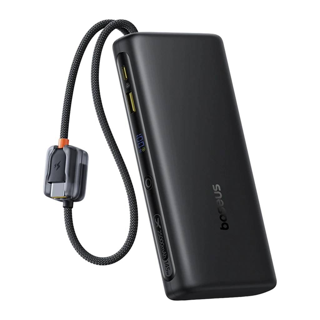 Power Bank Baseus EnerFill FC41 25000mAh 145W en negro mate con pantalla LED, puertos USB y USB-C, cable trenzado integrado y diseño compacto elegante