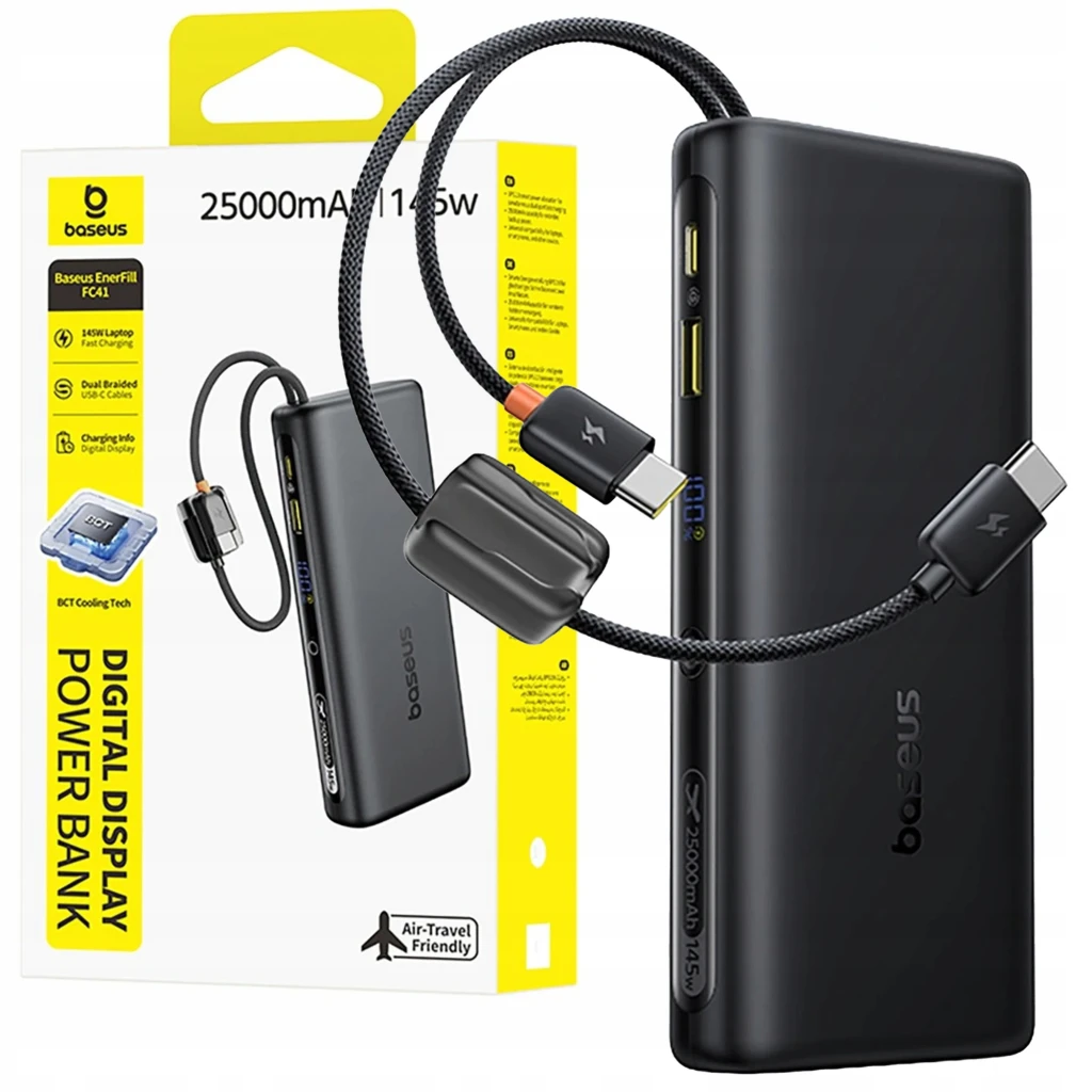 Power Bank Baseus EnerFill FC41 25000mAh 145W en negro con pantalla digital lateral, puertos USB y USB-C, cable trenzado incluido y diseño compacto