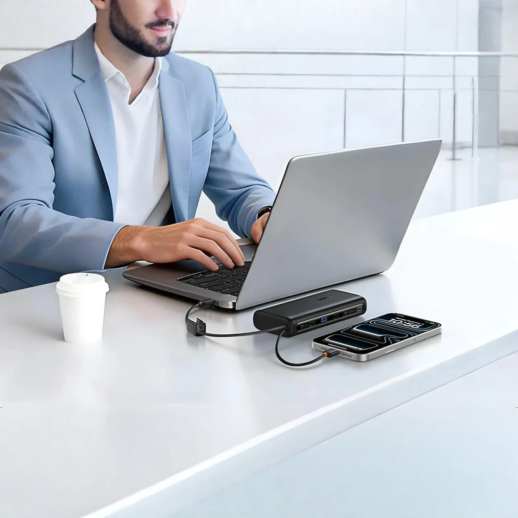 Power Bank Baseus EnerFill FC41 25000mAh 145W en color negro con pantalla LED, múltiples puertos USB y USB C, carga laptop y smartphone simultáneamente