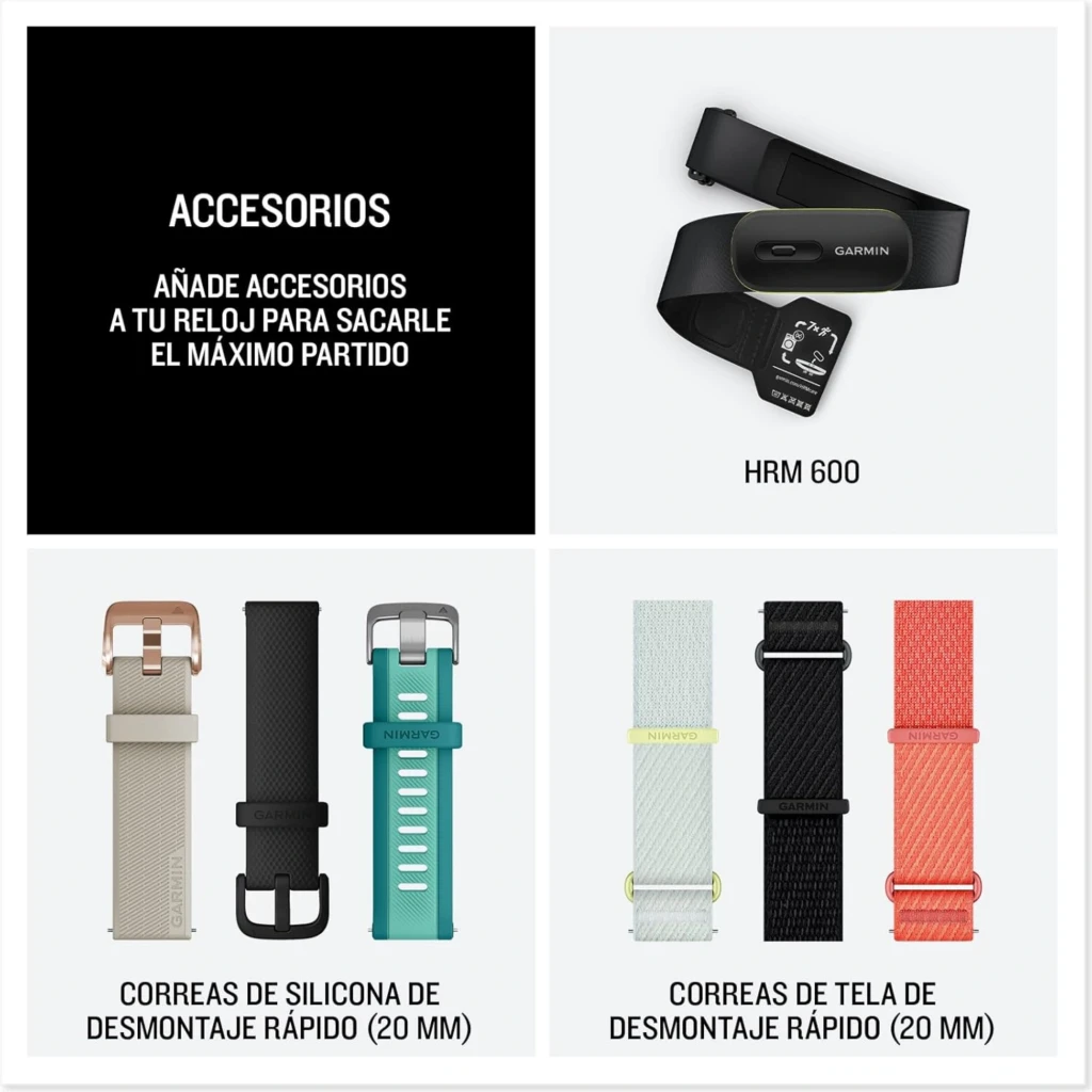 Accesorios para Garmin Forerunner 70: sensor HRM 600 para pecho y correas 20 mm de desmontaje rápido en silicona y tela, varios colores y hebillas