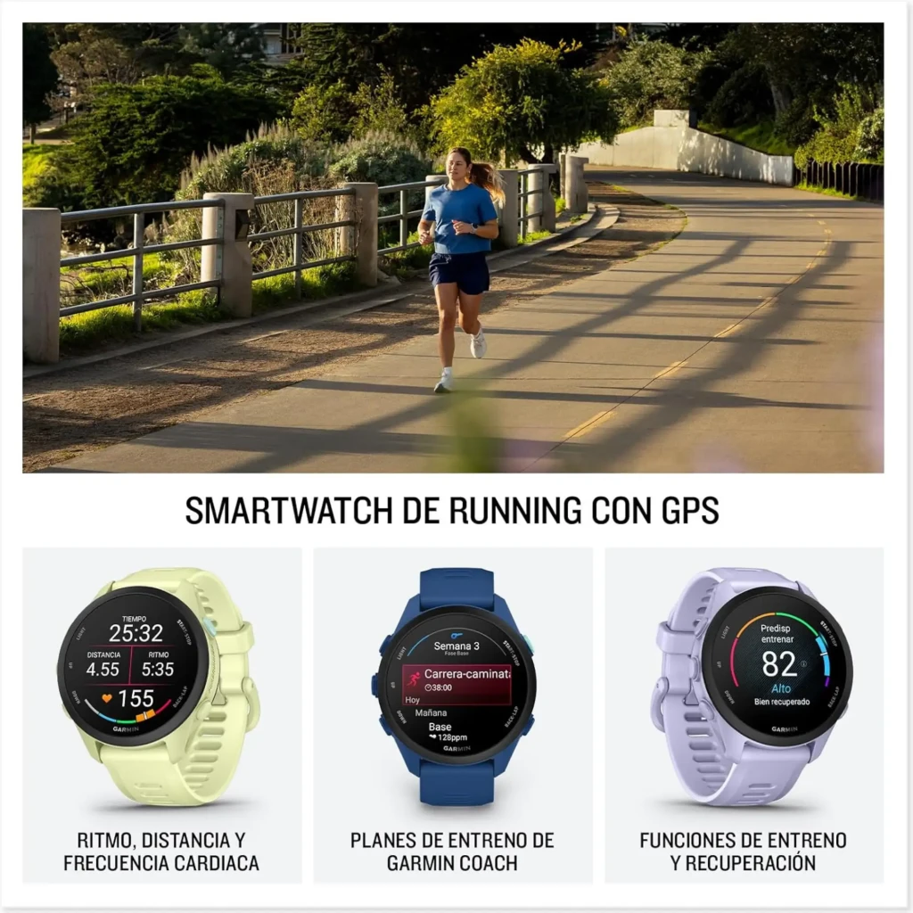 Garmin Forerunner 70 smartwatch blanco 1,2" AMOLED. Pantalla circular con bisel negro, correa de silicona. Indicadores de ritmo, distancia y frecuencia