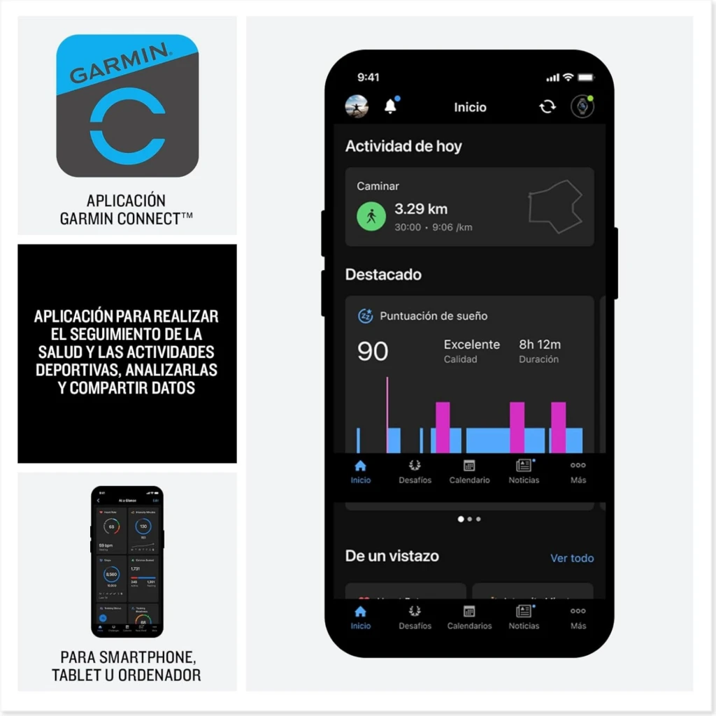 Pantallas de la app Garmin Connect en smartphone: seguimiento de actividad, sueño y métricas de salud con gráficos y mapas. Compatible con tablet y