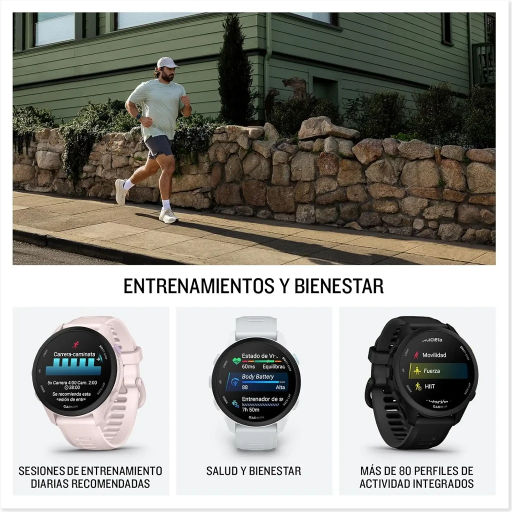 Garmin Forerunner 70 blanco con pantalla AMOLED 1,2 pulgadas, correa de silicona, botones laterales, métricas de salud y GPS; resistente 5 ATM, autonomía 13