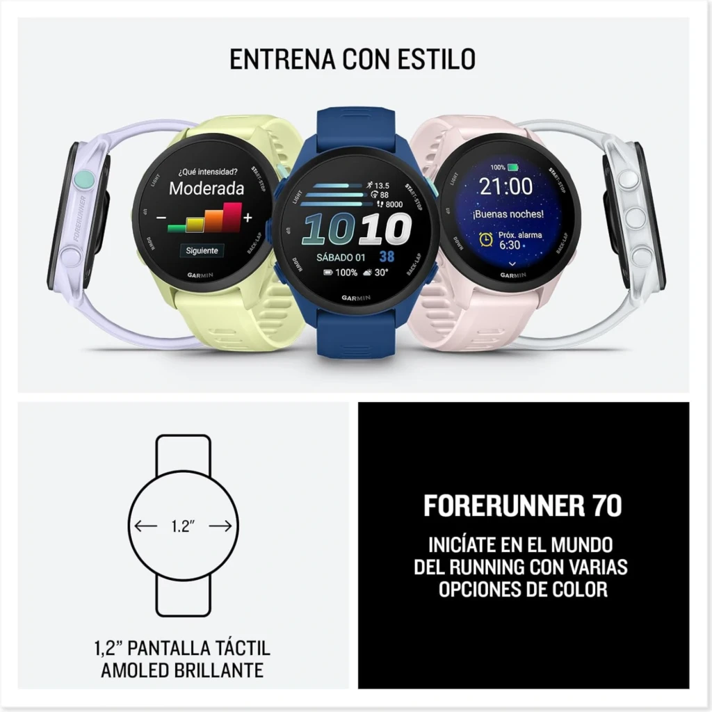 Garmin Forerunner 70 smartwatch blanco con pantalla táctil AMOLED 1,2 pulgadas, botones laterales metálicos, correas intercambiables y diseño deportivo
