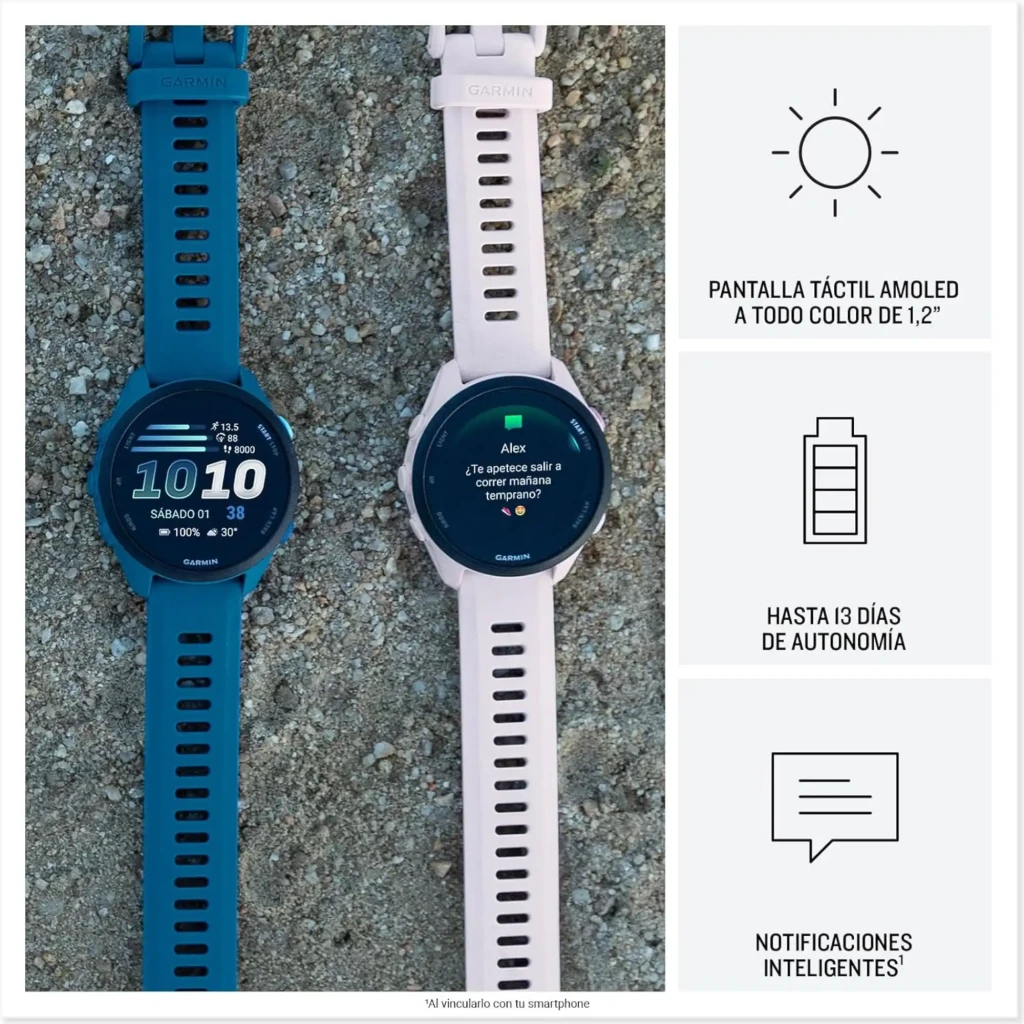 Garmin Forerunner 70 blanco con pantalla AMOLED 1,2 pulgadas, correa ajustable, GPS integrado, 5 ATM, autonomía hasta 13 días, notificaciones inteligentes