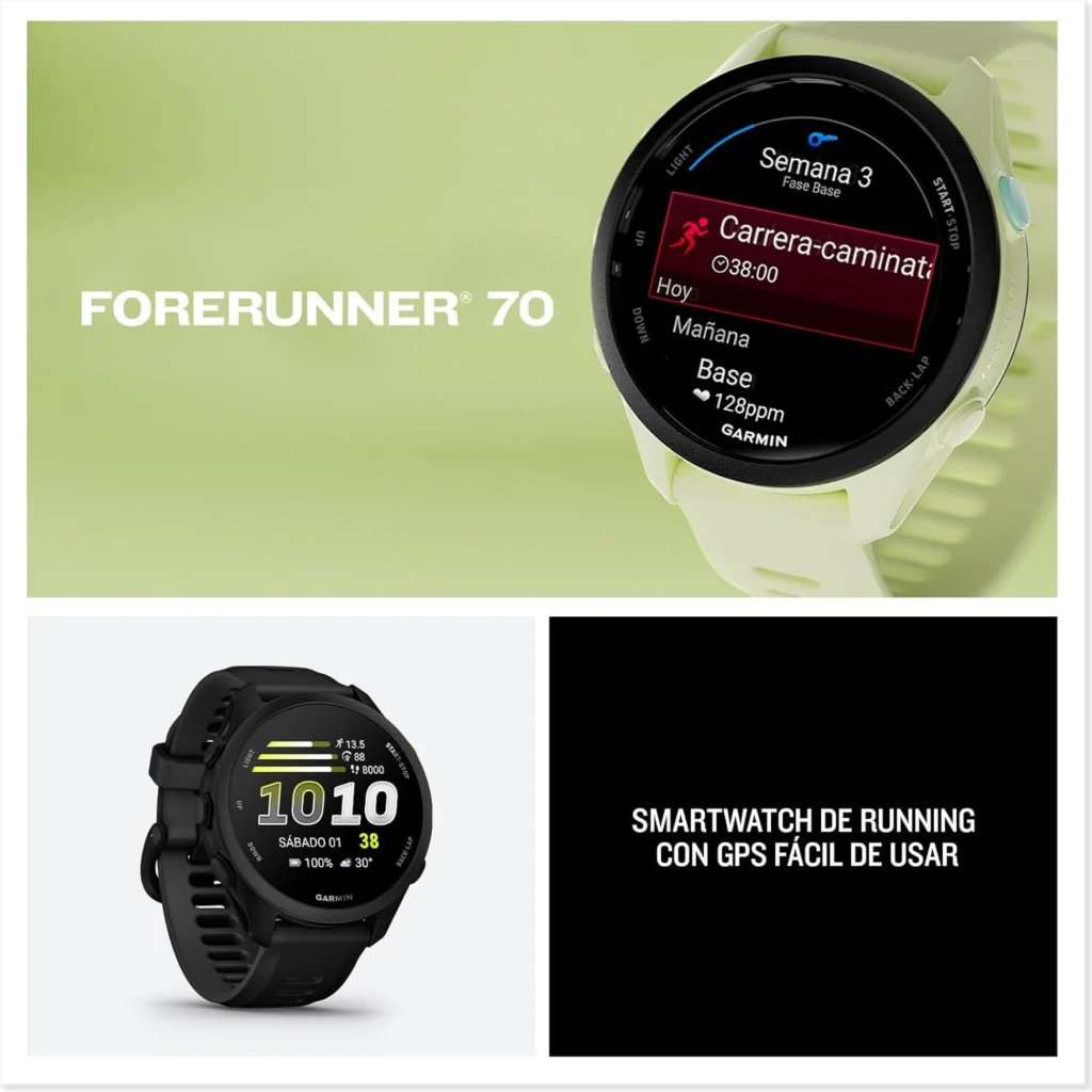 Garmin Forerunner 70 smartwatch blanco, pantalla AMOLED 1,2", interfaz de entrenamiento, GPS integrado, resistente 5 ATM, autonomía hasta 13 días