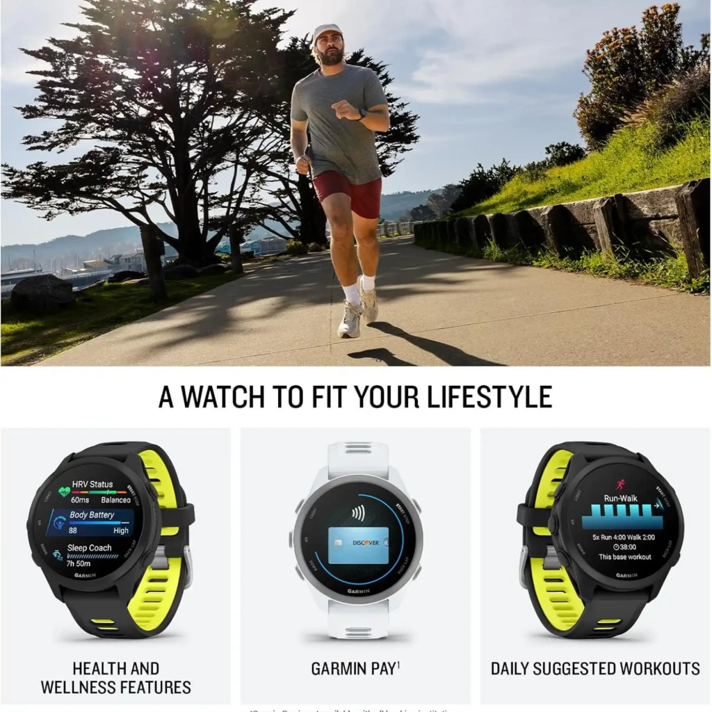 Garmin Forerunner 170 smartwatch negro con pantalla AMOLED 1,2 pulgadas, correa negra y verde, botones laterales y bisel redondo; resistente 5 ATM y GPS