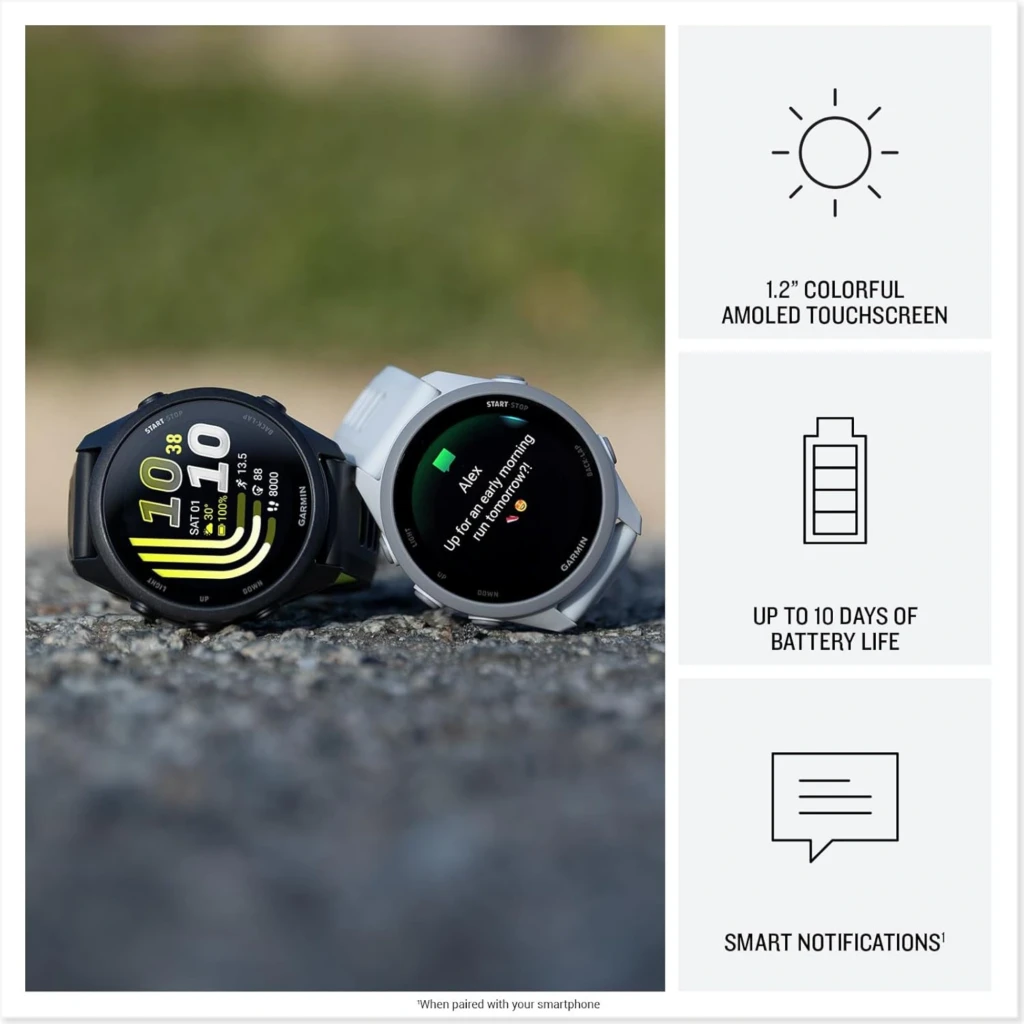 Garmin Forerunner 170 smartwatch negro con pantalla AMOLED 1,2 pulgadas, bisel redondo, correa deportiva y notificaciones; autonomía hasta 10 días, 5 ATM, GPS