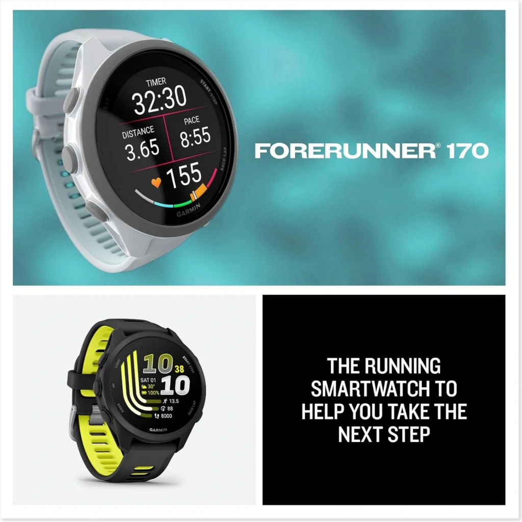 Garmin Forerunner 170 smartwatch negro con pantalla AMOLED 1,2 pulgadas, bisel redondo, correa deportiva, métricas de carrera y resistencia 5 ATM