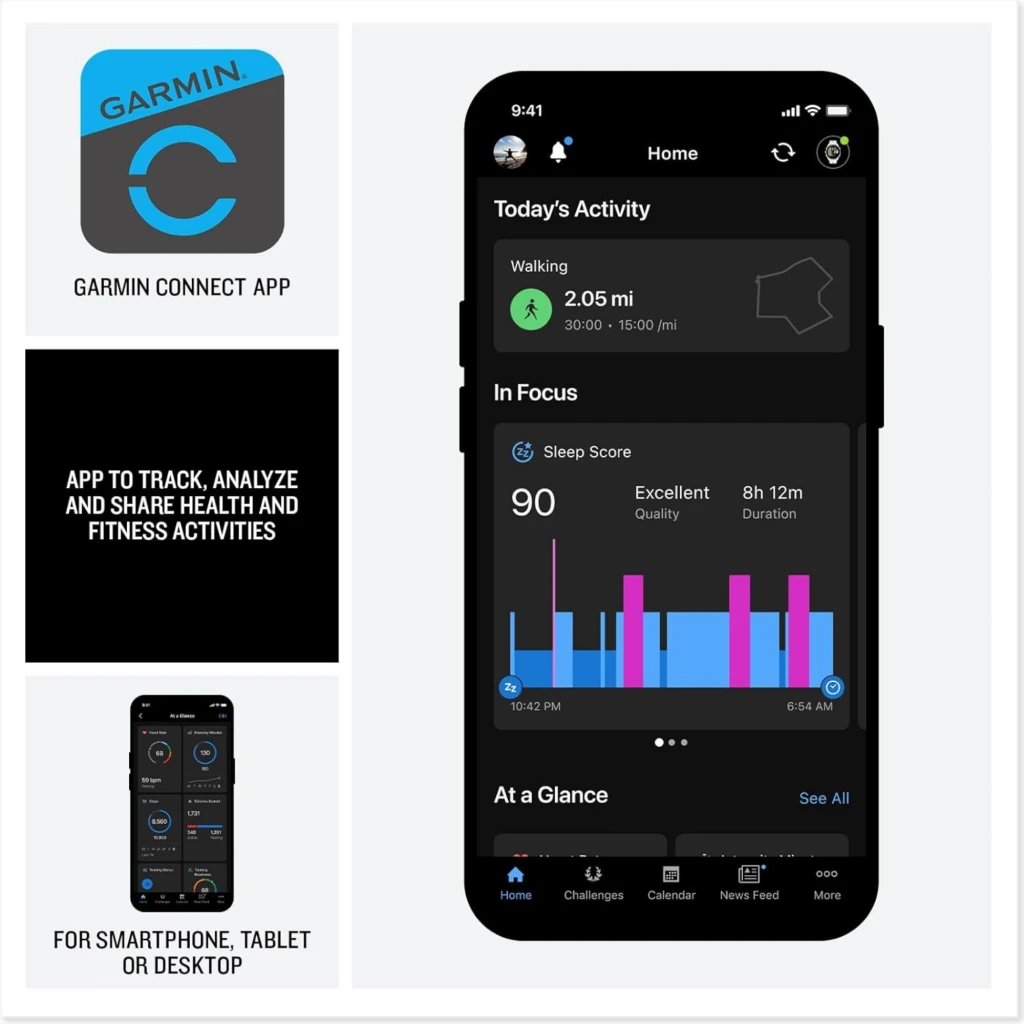 Garmin Forerunner 170 negro con pantalla AMOLED 1,2 pulgadas; interfaz Garmin Connect mostrando actividad, puntaje de sueño y análisis fitness; resistente 5