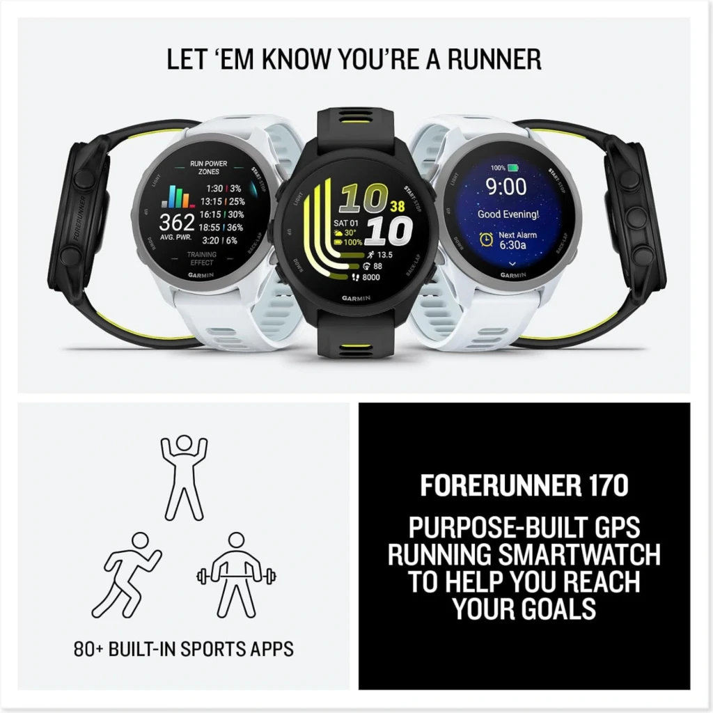 Garmin Forerunner 170 smartwatch negro con pantalla AMOLED 1,2 pulgadas, correas deportivas, botones laterales, esfera con datos de running y GPS 5 ATM