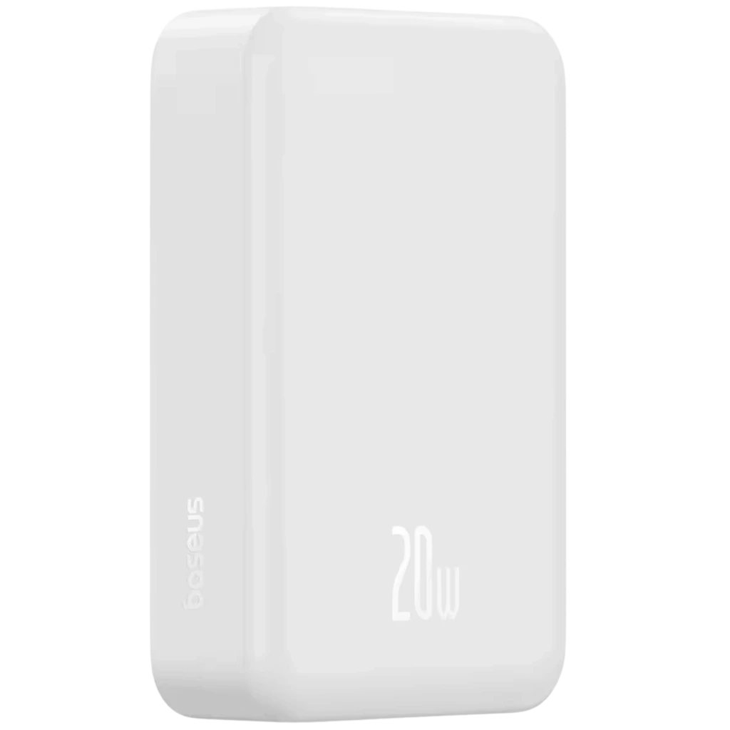 Power Bank Baseus EnerFill FM41 Ultra Mini Magnetic Blanco, diseño compacto rectangular, acabado mate, logotipo lateral y potencia 20W impresa en frontal