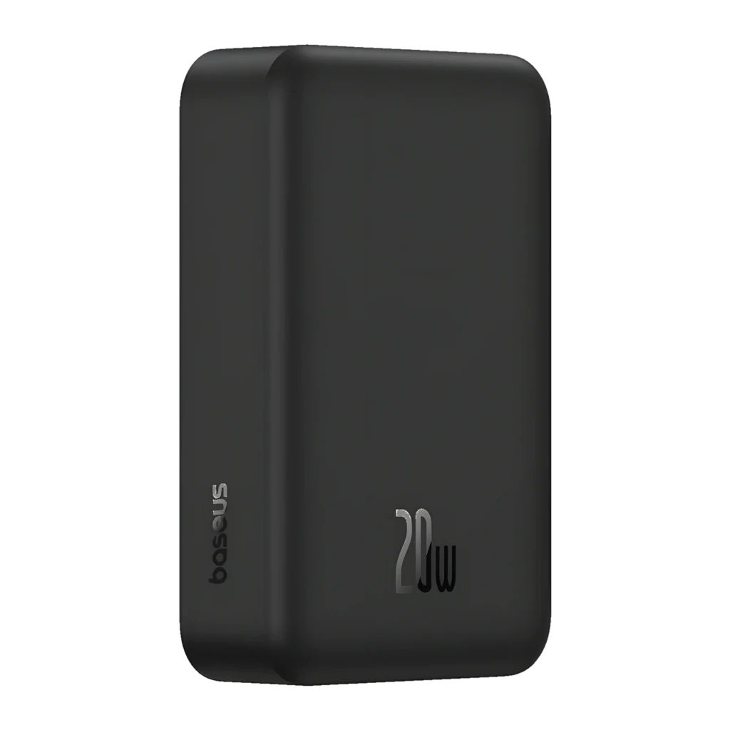 Power Bank Baseus EnerFill FM41 Ultra Mini Magnetic Negro con acabado mate, diseño compacto y bordes redondeados, logo 20W visible y marca lateral baseus